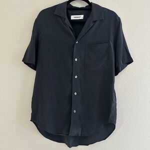 Venroy Shirt Mens Size M Black 100% Silk Button Up Short Sleeve Camp Collar